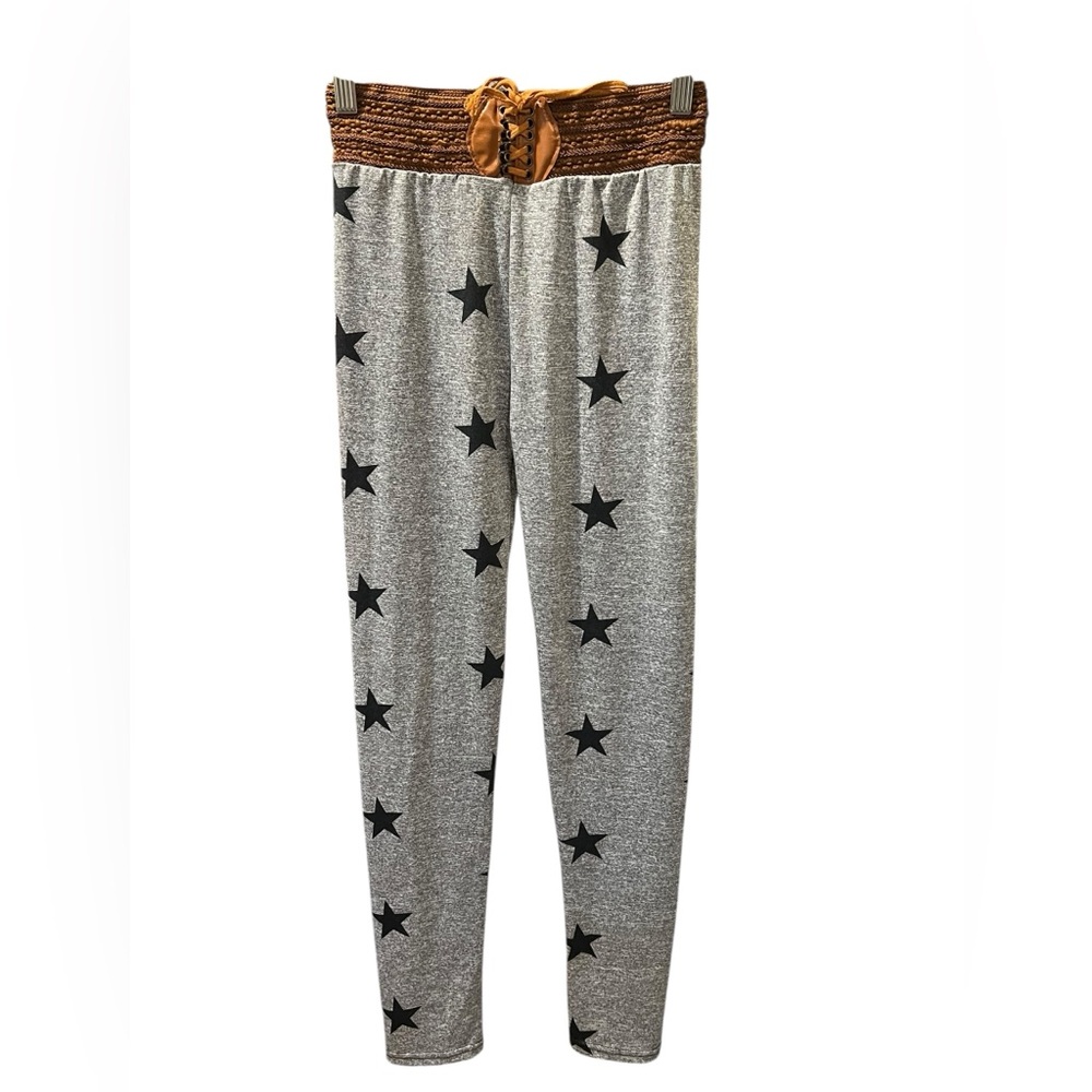 Gray Star Print Pants with Brown Smocked Waist & Lace-Up Detail – Size Small